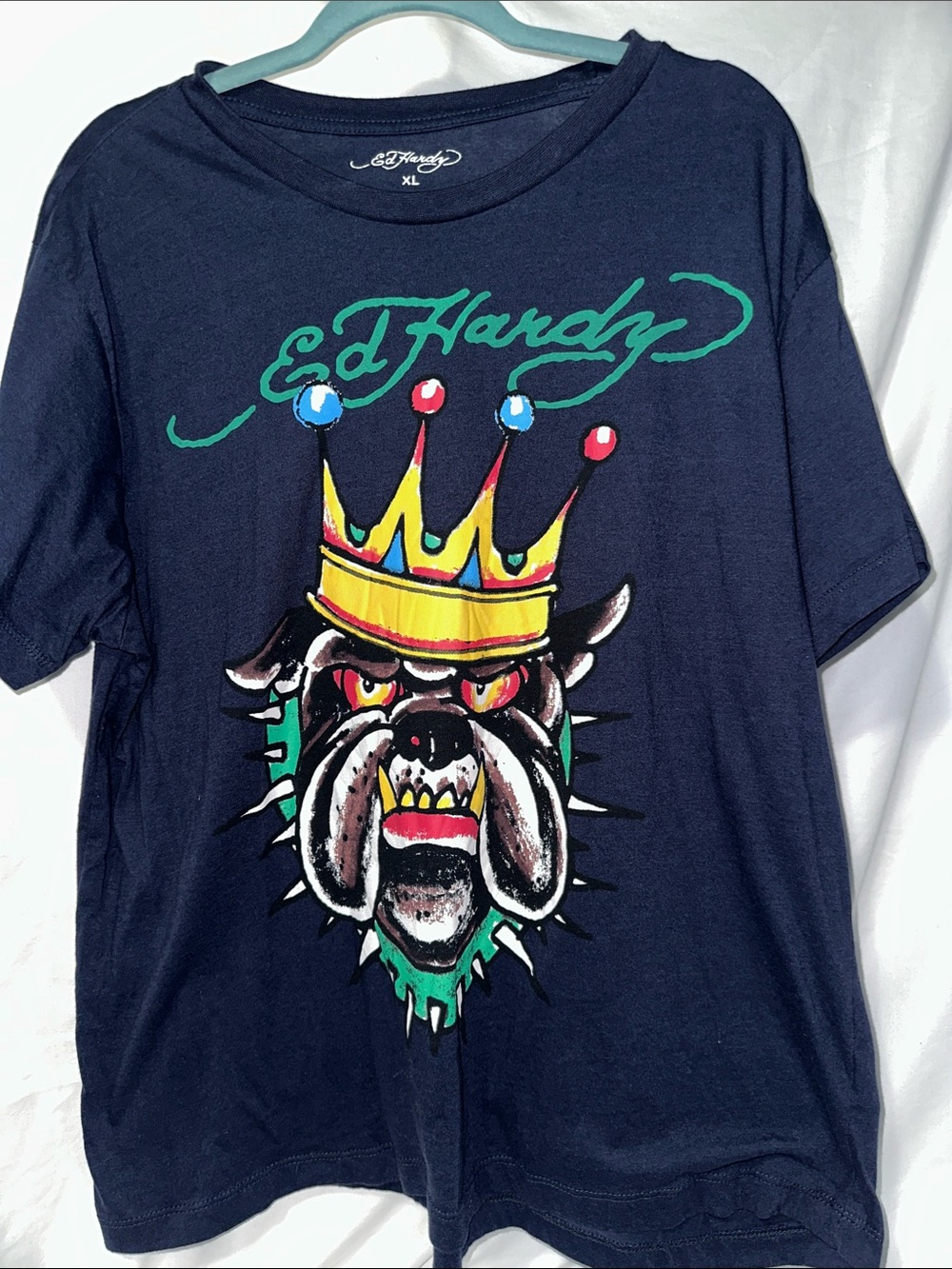 Ed Hardy Navy Tee with Bulldog and Yellow Crown Graphic